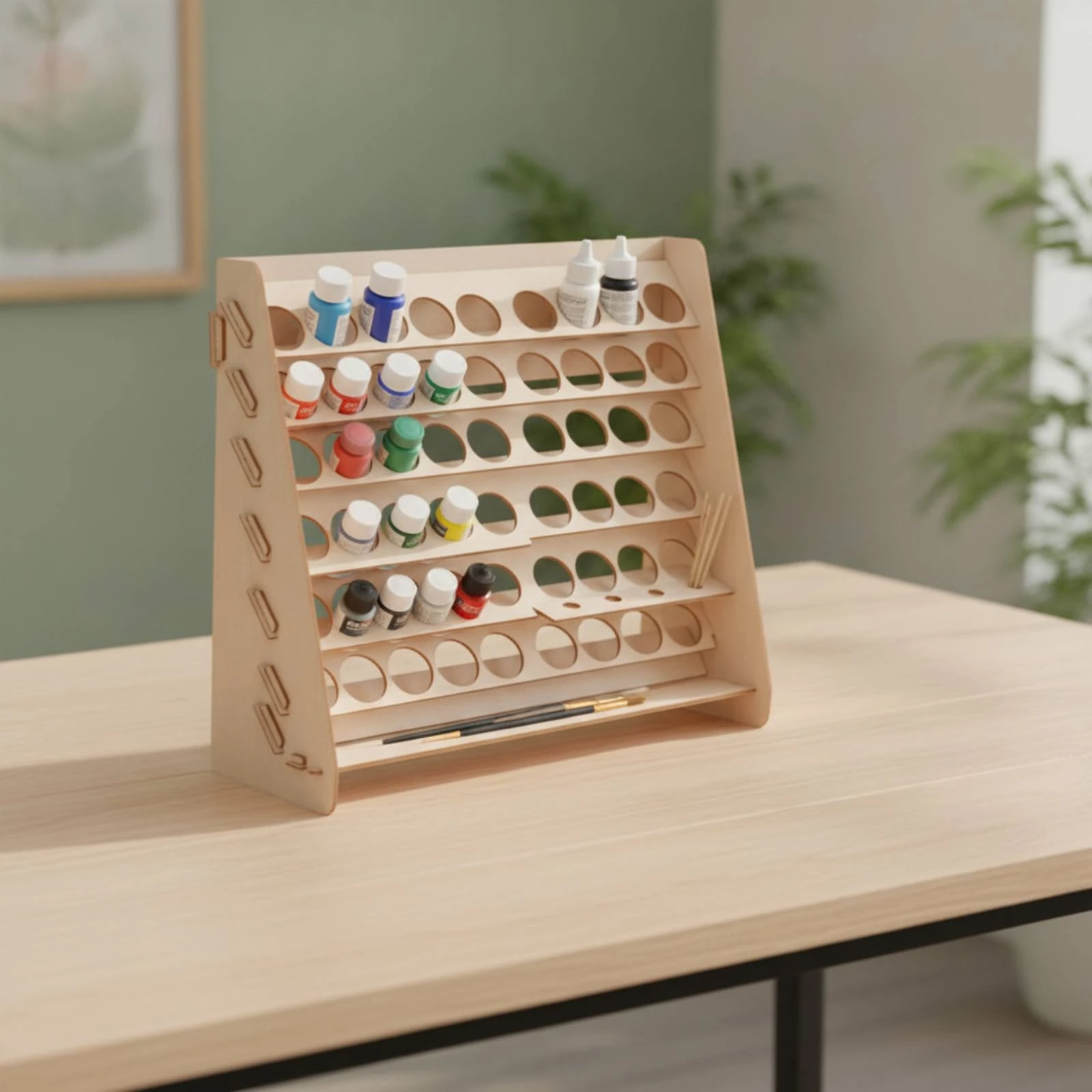 Wooden Paint Storage Organizer Tabletop Paint Bottle Holder Craft Bottle Rack Space-Saving for Artists, Art Studio, Workbench