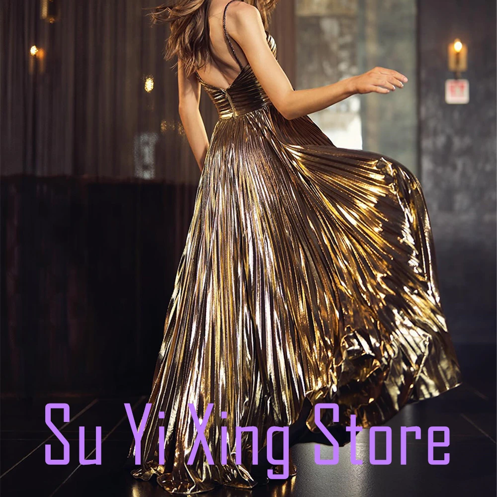 Zipper Back Beading Sweep Train Sleeveless Satin Spaghetti Straps V-Neck Floor LengthFront Slit A-Line Exquisite Evening Dress