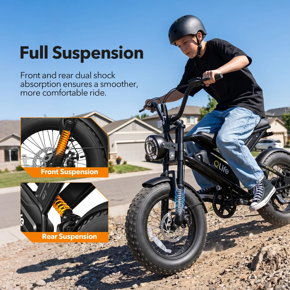 Qlife Spark D1 Electric Bike for Adults, 1500W Peak Motor 48V 10.4 Ah, 16" Fat Tires Electric Mountain Bike, 25 MPH 50Mi Range Off-Road Ebike with Full Suspension image 10