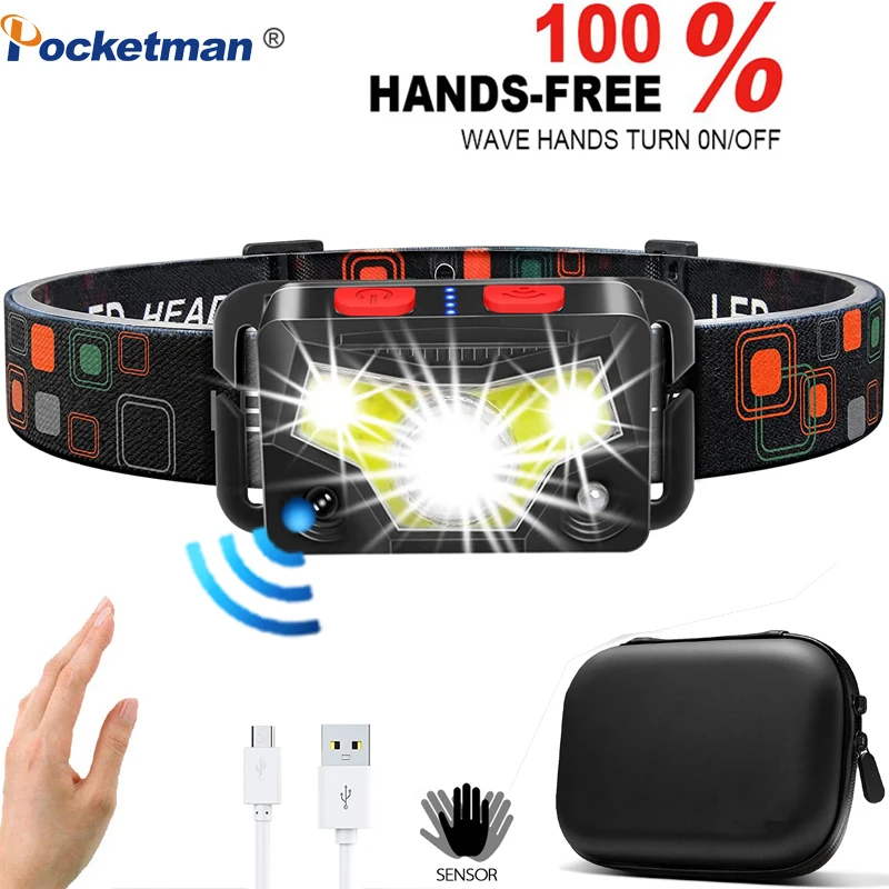 Powerfull Headlamp Rechargeable Motion Sensor LED Headlight Camping Flashlight Head Light Lamp With USB Cycling Running Fishing