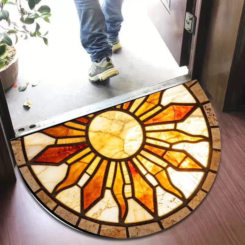 VIKAMA Half Round Stained Glass Sun Ray Orange Yellow Mosaic Art Flannel Door Mat Non Slip Entryway Bedroom Living Room Home