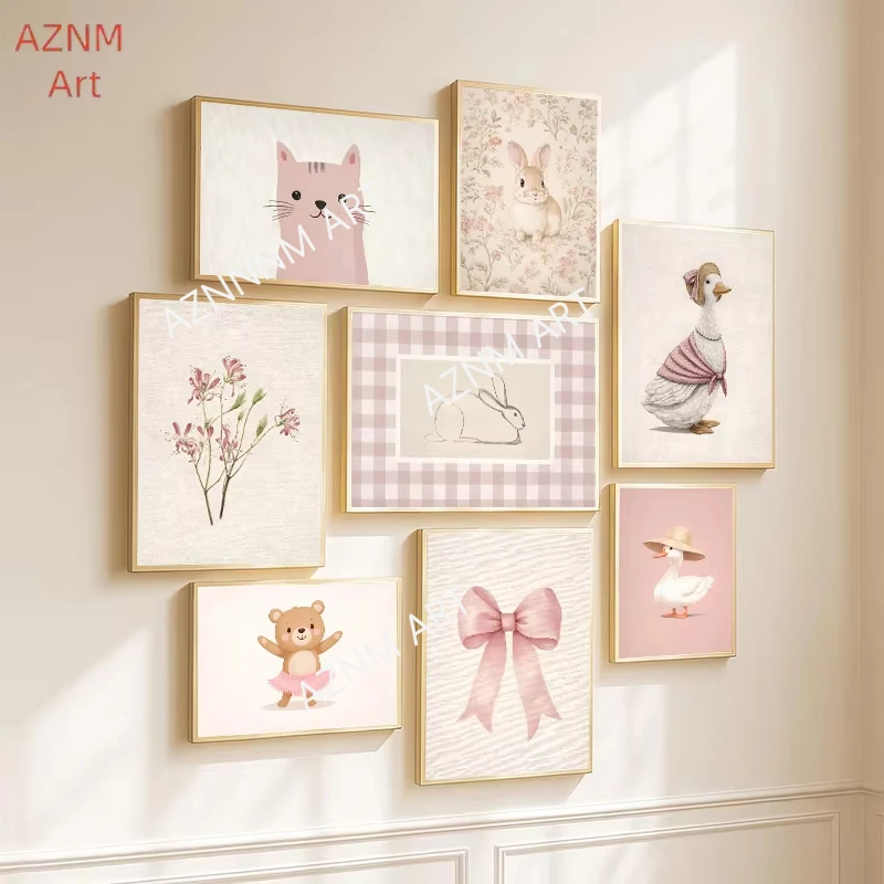 Französisches Vintage-Tierposter mit rosa Schleife, floraler Wandkunstdruck, dekoratives Gemälde, Heimdekoration für Kinderzimmer, Kinderzimmer, Kinderkrippe
