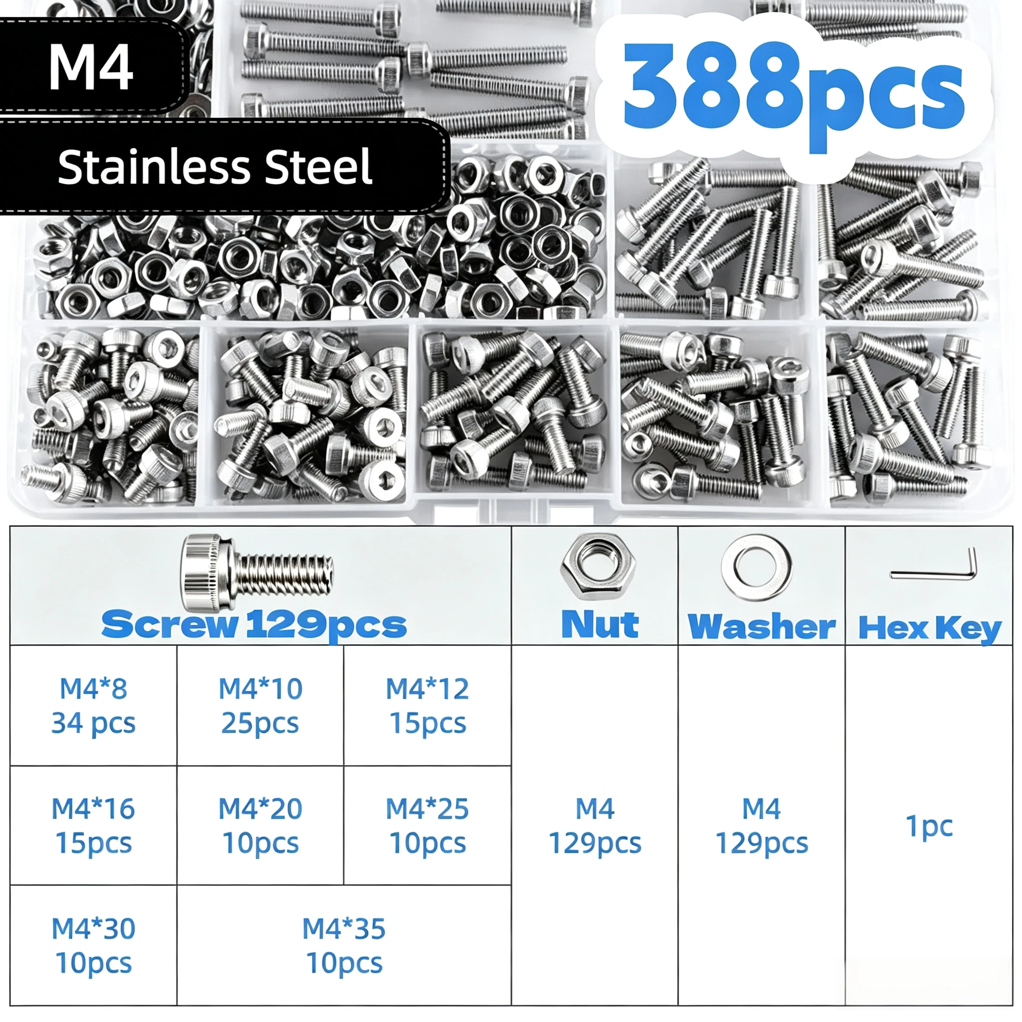 Total 544/388/289/184/109pcs M3 M4 M5 M6 M8 304 Stainless Steel Hexagon Hex Socket Cap Head Screw Bolt Nut Set Assortment Kit