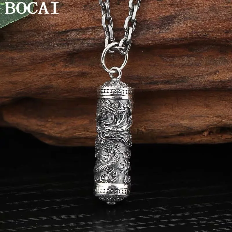 BOCAI NEW S925 Sterling Silver Pendants for Men Women Antique Silver Relief Soaring Loong Gawu Box Charms Charm Fine Jewelry