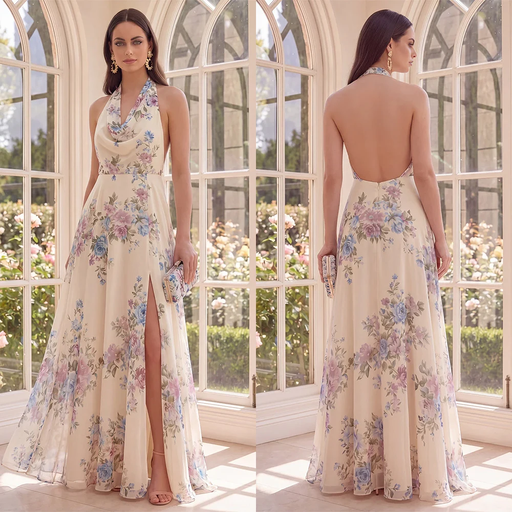 Customized Halter Floor Length High Fork Backless Sleeveless Vestidos Para Bodas Mujer Invitada Robes De Soirée فساتين سهره 드레스