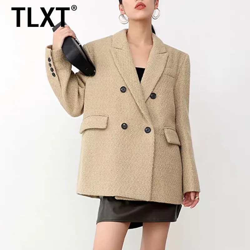 

TLXT модный женский пиджак цвета хаки с сенсацией и лацканами, свободный двубортный пиджак с силуэтом, осенняя новинка
