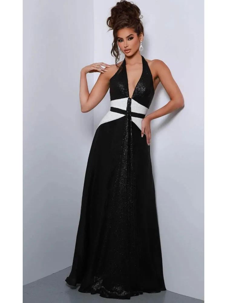 

Sexy Maxi Dress For Women 2025 Glitter Deep V Neck Fashion Sparkle Halter Sleeveless Backless Patchwork Party Club Long Dress