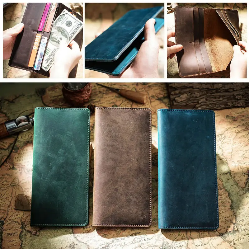 GENODERN skóra Crazy Horse długie portfele dla mężczyzn oryginalne męskie portfele skórzane Vintage męski portfel