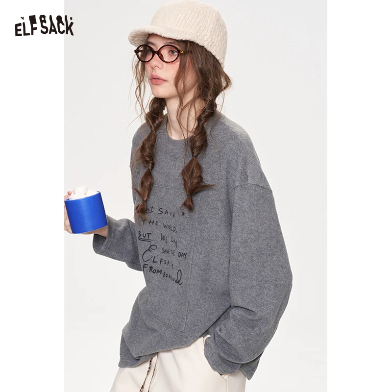 ELFSACK Women's Casual Long Sleeve T-Shirt with Handwritten Graphic Print, Loose Fit Tee for Daily Wear, Heather Basic Top