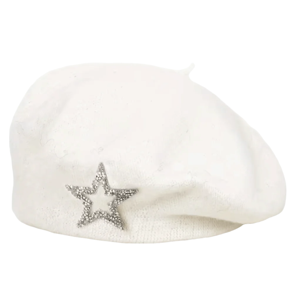 Fashion Five-Pointed Star Wool Beret Soft Warm Knitted Painter Hat Solid Color Rhinestone Decor Beanie Cap Autumn