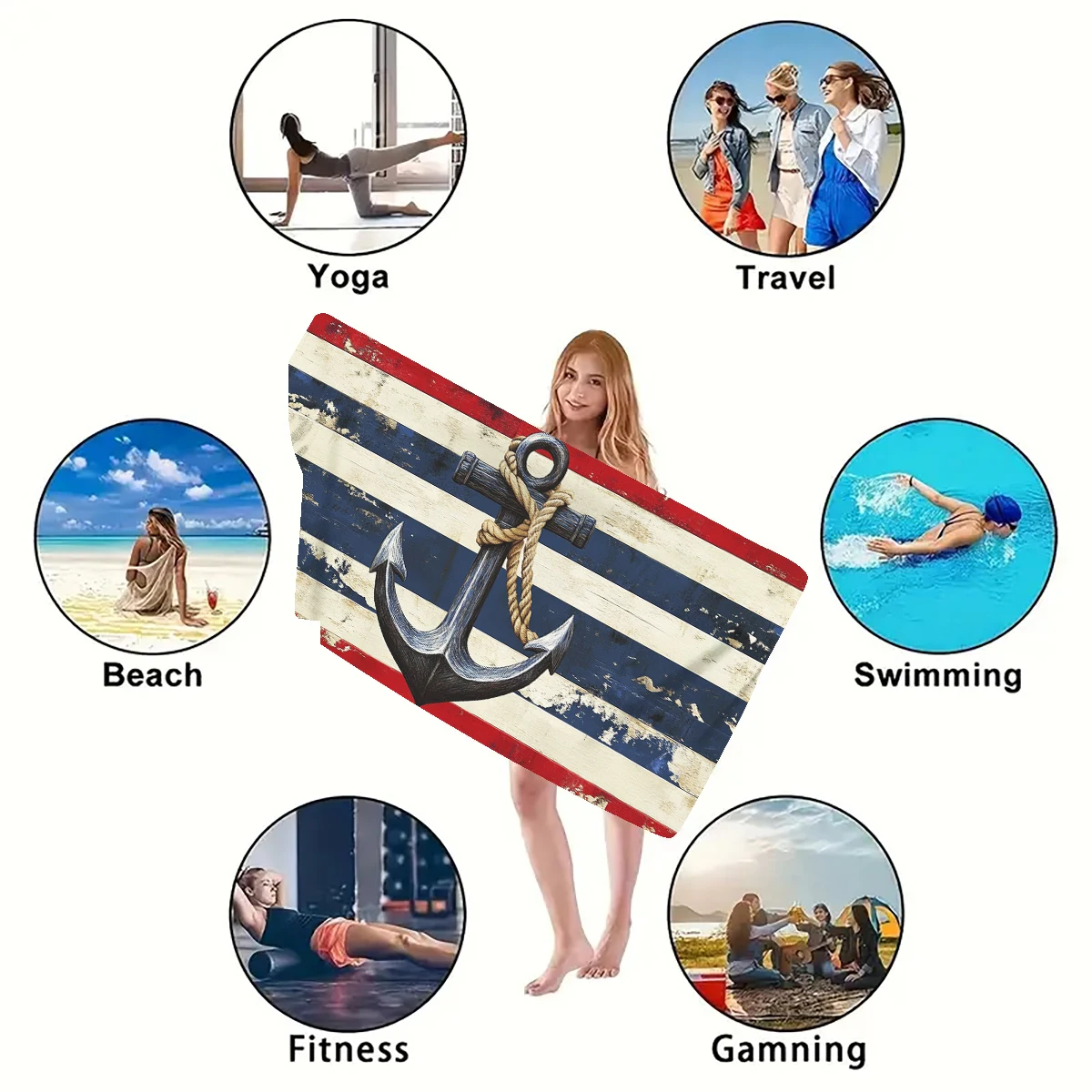 Super Soft Beach Towel with Simple Anchor Graphic - Quick-drying and super absorbent for travel, camping and summer fun