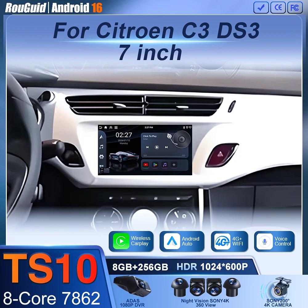 Car Radio Carplay For Citroen DS3 C3 Multimedia Player Android Auto GPS Navigation 5G Wifi Stereo DVD Display Screen Display DVD