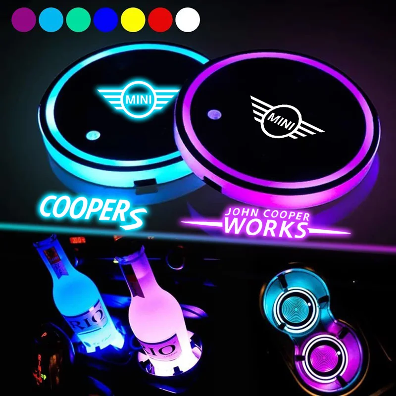 LED Car Water Cup Mat For MINI CooperS R50 R52 R55 R56 R60 R61 R62 F54 F55 F56 Emblem Auto Interior Decorative Atmosphere Lights