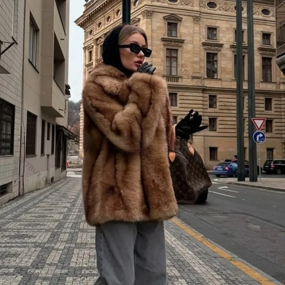 OFTBUY Artificial Short Fur Coat Winter Exclusive Striped Faux Fur Jacket Women Overcoat Fashion Fluffy Fox Women's Fur Coat