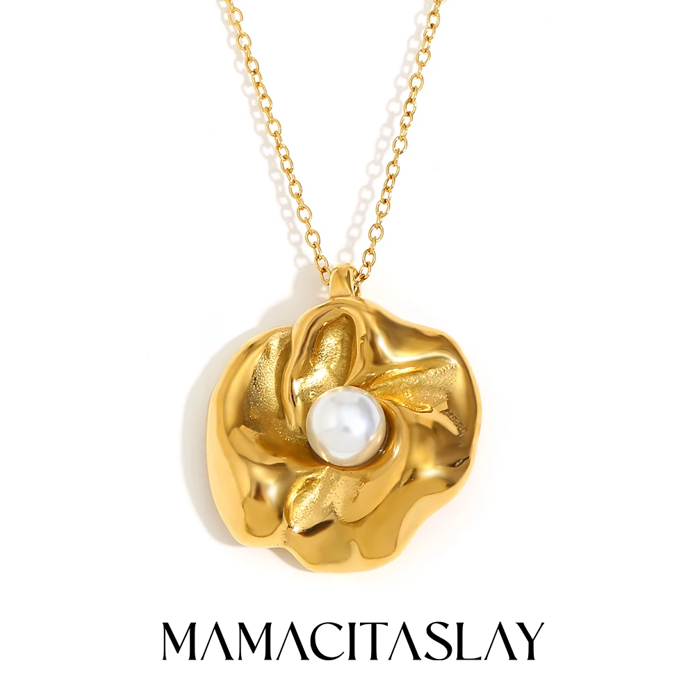 

MamacitaSlay one piece Blooming Flower Imitate pPearl Stitche Pendant necklacе stainless steel jewelry woman Female necklace