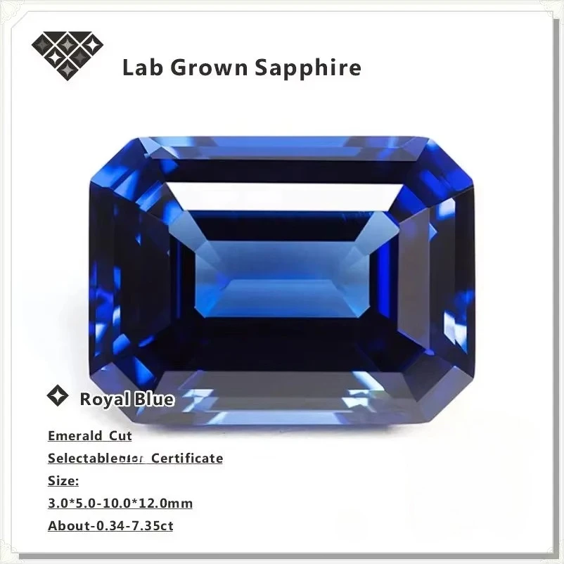 Top Grade Lab Grown Sapphire, Royal Blue Emerald Cut with AAA+ Clarity,   Certificate for Bespoke Jewelry Setting