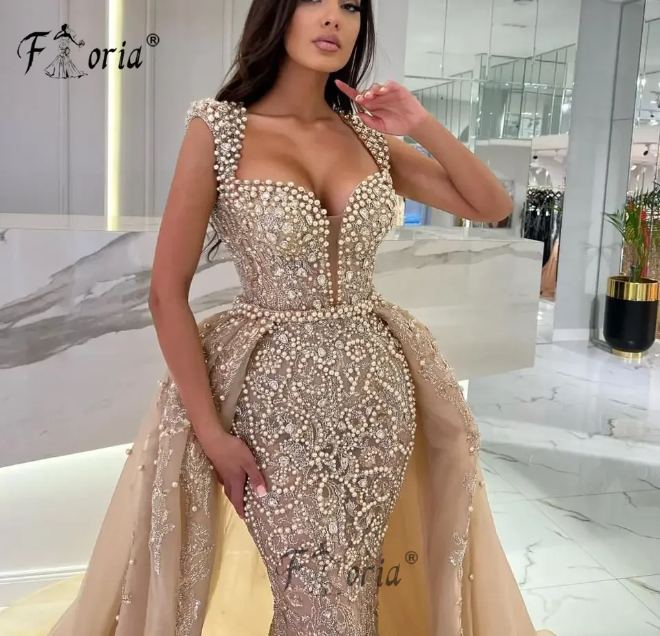 Dubai Champagne Mermaid vestido de noite para mulheres, vestidos personalizados com trem destacável, pérolas, festa de casamento, glamoroso