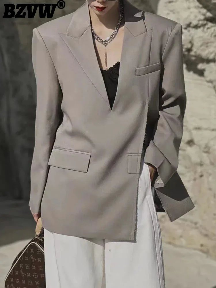 

BZVW Fashion Women's Blazer V-neck Long Sleeve Solid Color Medium Length Pocket Split Suits Jackets Summer 2024 New 25Y0922