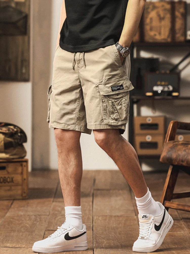 

Мужская рабочая одежда цвета хаки, летние уличные износостойкие брюки из чистого хлопка в стиле ретро с пятью точками, свободный крой, повседневные брюки...