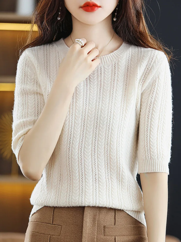 

ADDONEE Women Summer T-shirt Half-sleeve Hollow O-neck Pullover Sweater 100% Merino Wool Knitwear Office Lady Clothing Cashmere