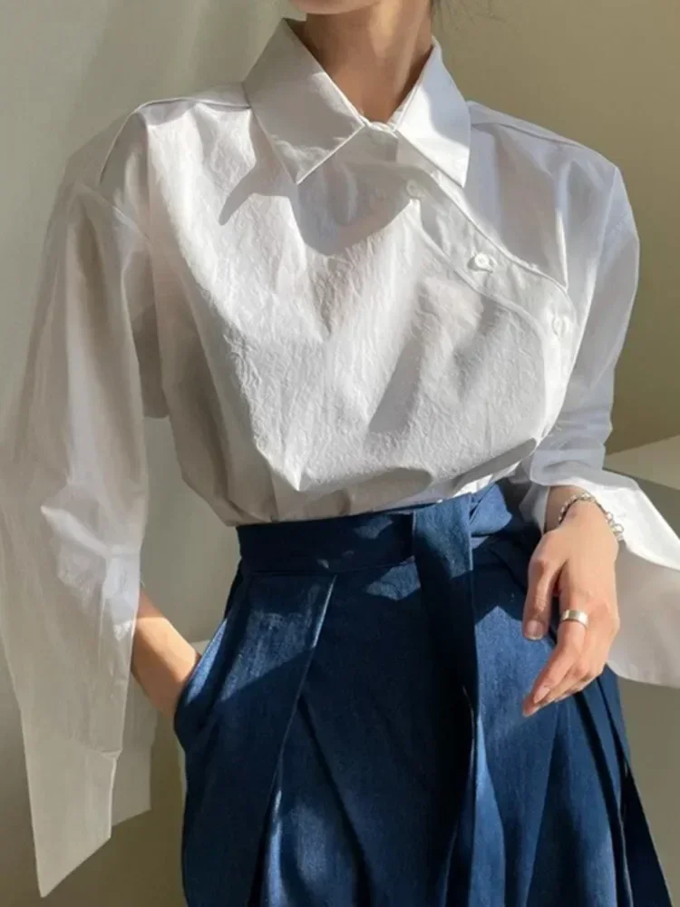 

Женская повседневная блузка на весну-осень 2024: асимметричная, на одной пуговице, с отложным воротником, длинными рукавами, в полоску, с панельными вставками