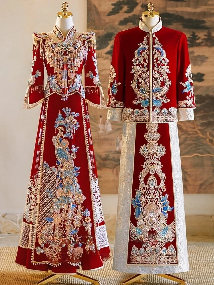 

The bride's wedding dress is a traditional Chinese gown with phoenix crown and red veil as well luxurious toasting attire