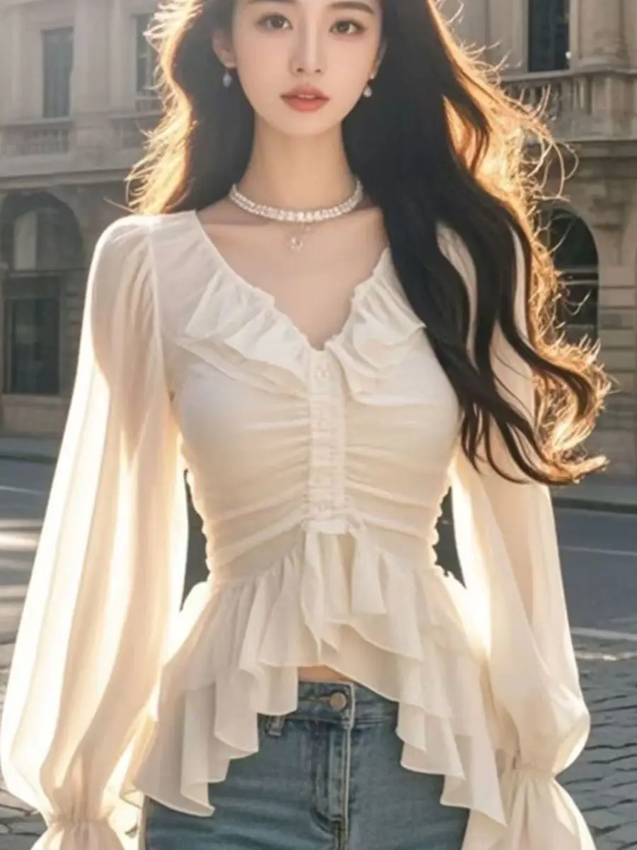 

Spring Summer Women's Short Chiffon Top Folded Waist Slimming Sun Protection Outerwear Korean Style Long Sleeve V-Neck Shirt