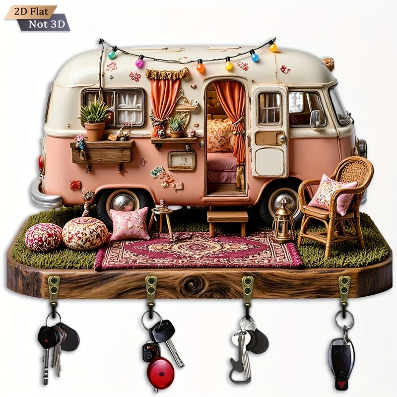 2D flat surface. 1pc. Vintage RV-shaped key holder - wooden multi-functional decorative hook with four metal hooks, wall and