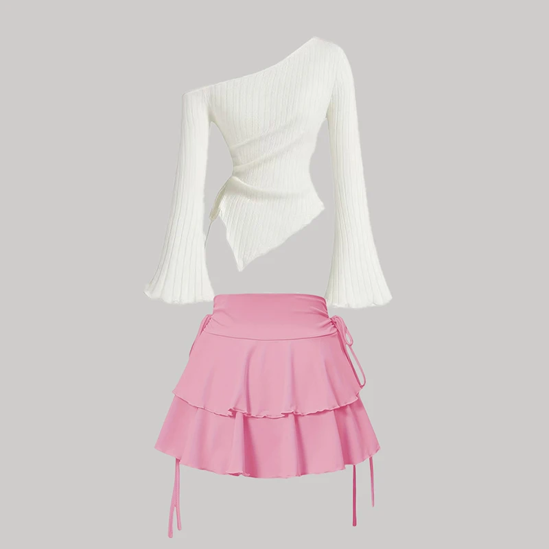 T-shirt+Skirt New Solid Color Set Trendy Slim Fit Elegant Flared Sleeve Top With Fake Drawstring A-line MiNi Super Short Skirt