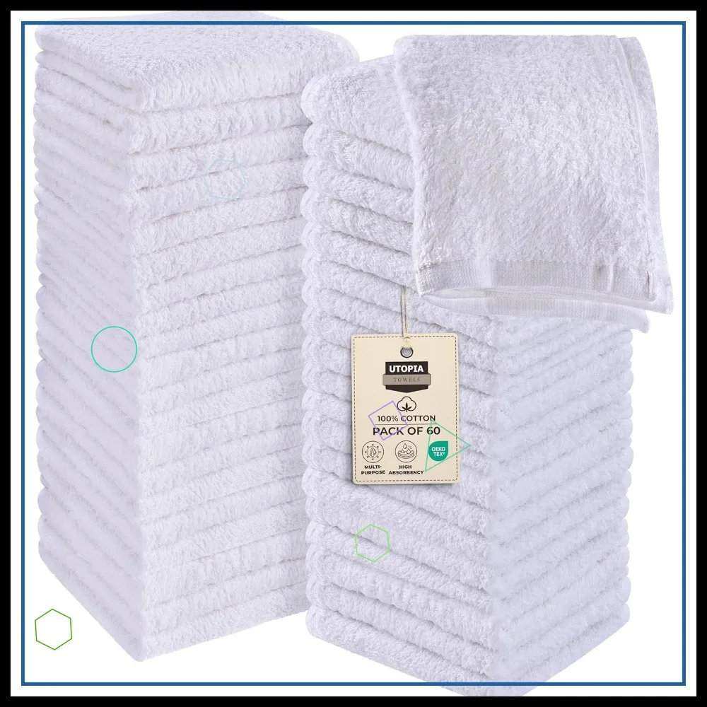 

60 Pack Cotton Washcloths Set, 100% Ring Spun Premium Flannel Face Cloths, Highly Absorbent Soft Fingertip Towels in White