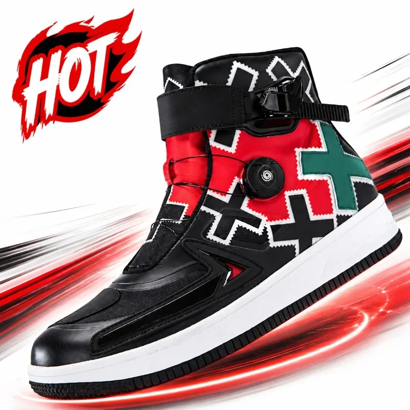 

Motorcycle Riding Shoes Moto Boots Men Women High Top Rotary Buckle Seamless Upper Colorblock Anti Slip Rubber Sole Racing 37-47