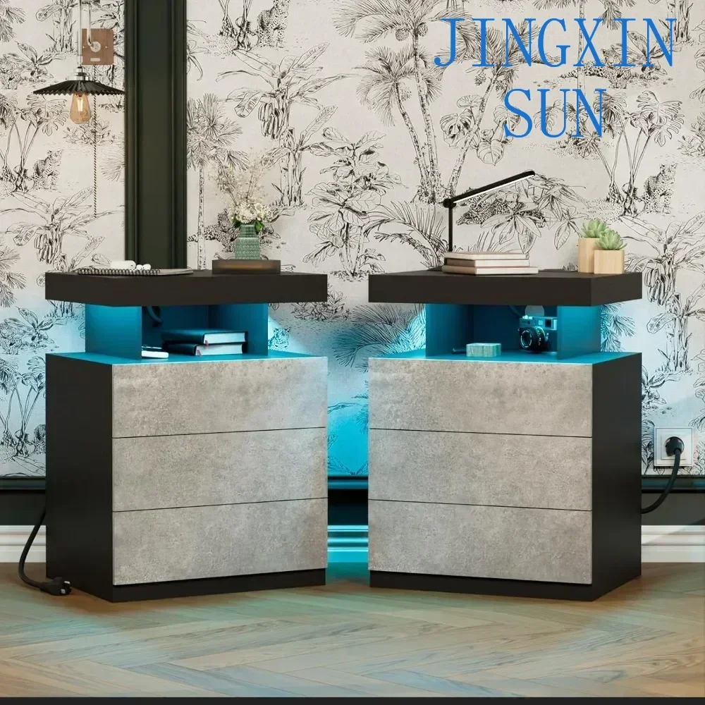 LED Nightstand Set of 2  for Bedroom with 3 Drawers, USB Port, Wireless Charging Station, Tall Wood Smart LED Nightstand