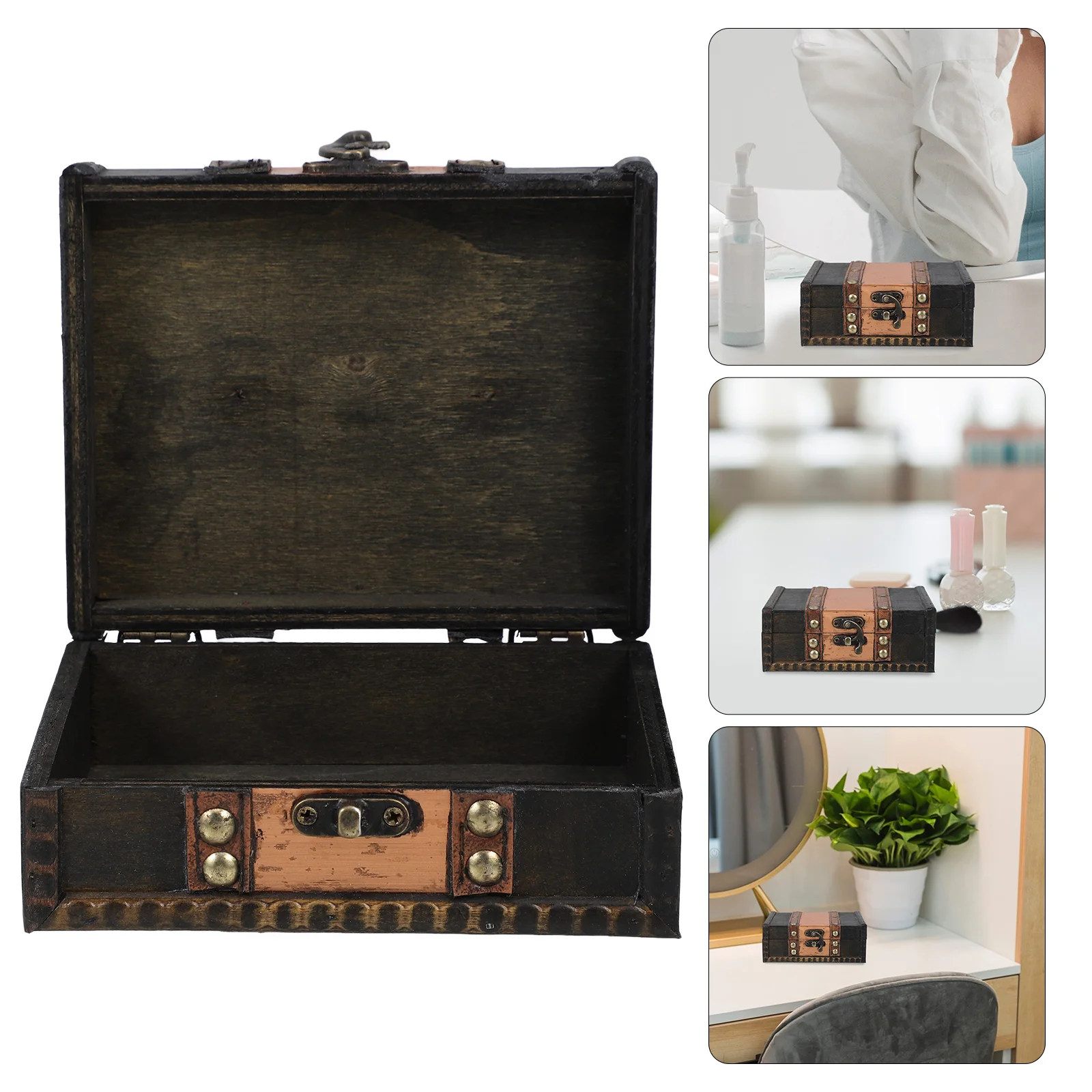 

Vintage Wooden Storage Box Lockable Decorative Treasure Chest Small Jewelry Organizer Desktop Box Pirate Chest