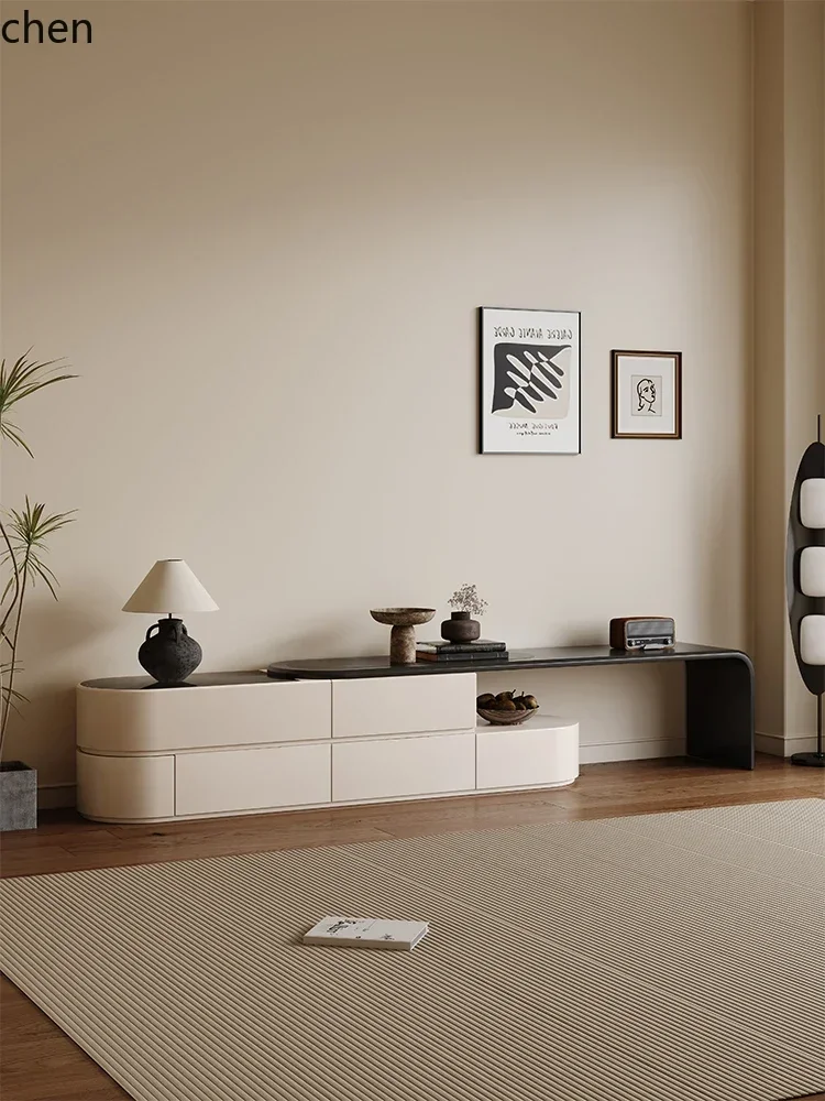 CJ7cream wind telescopic TV cabinet retro tempered glass coffee table medium and ancient style push-pull living room