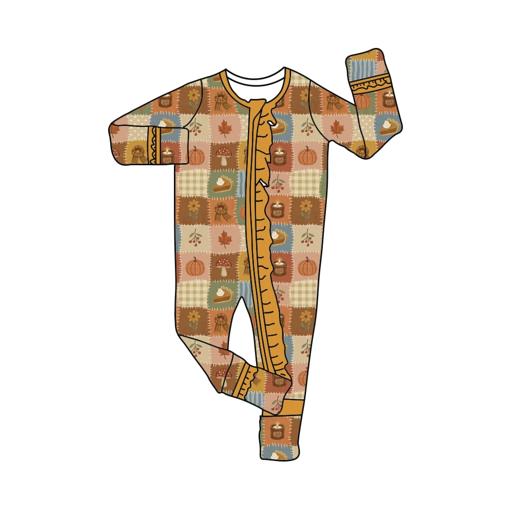 Thanksgiving Day Boutique girls' romper Long-style Zipper and ruffles Pumpkin flowers print wholesale