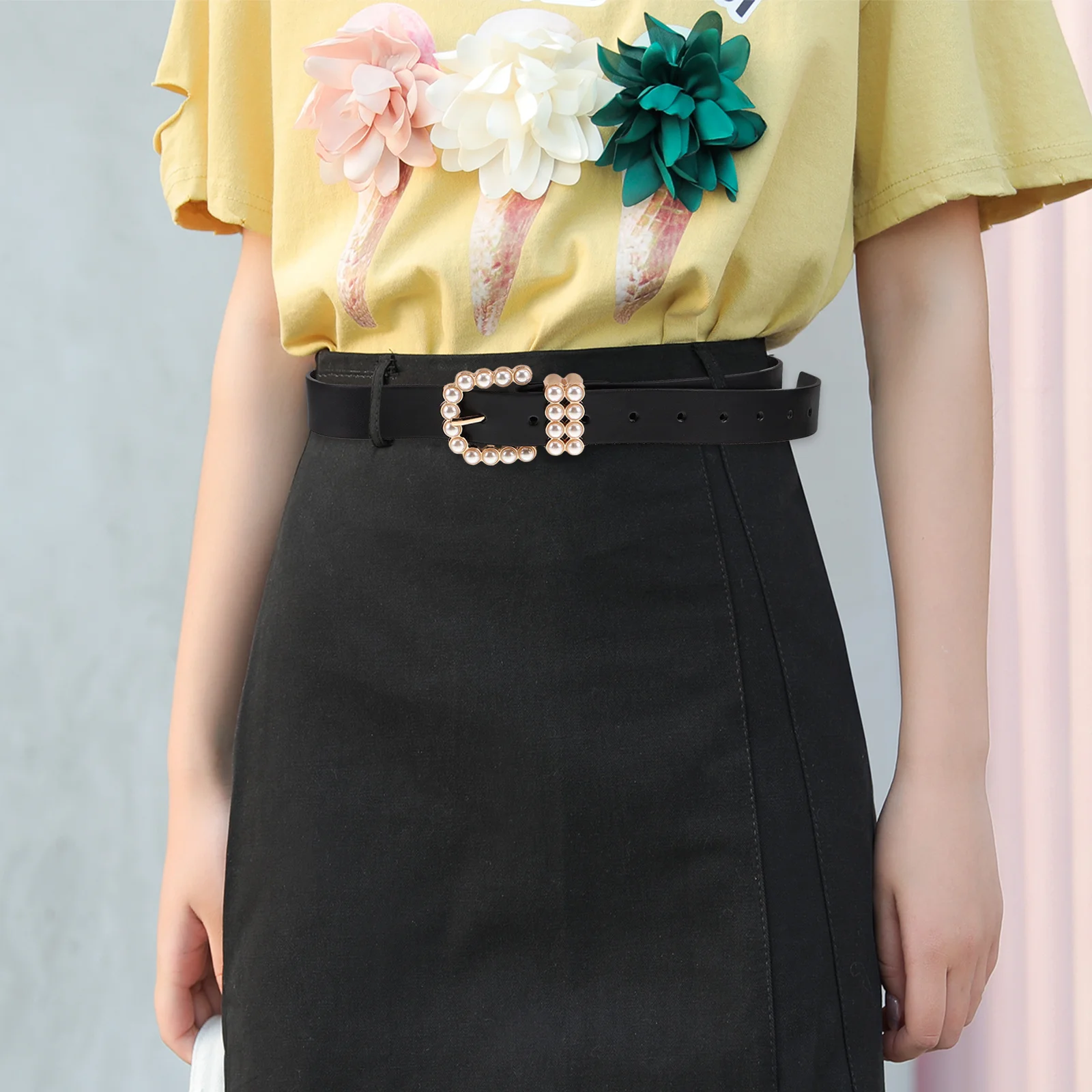 

Pearl Buckle For Women Elegant Adjustable Waist Belt Design Pu Fashion Belt Rhinestone Wedding Dress Accessory