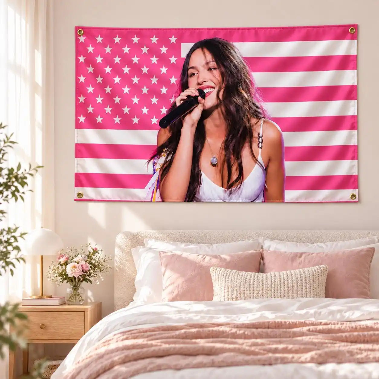O-Olivia R-Rodrigo Pink USA Flag Tapestry, Pop Singer Wall Tapestry, American Stars and Stripes Banner, Y2K Bedroom House Dorm