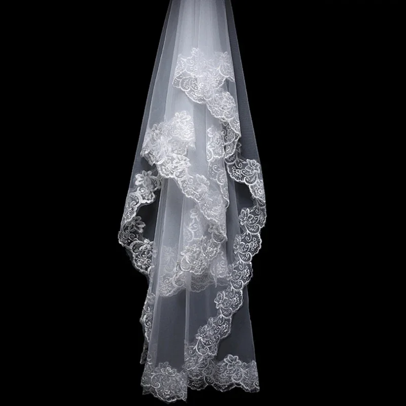 Women 150cm Bridal Short Wedding Veil White One Layer Lace Flower Edge Appliques 2024