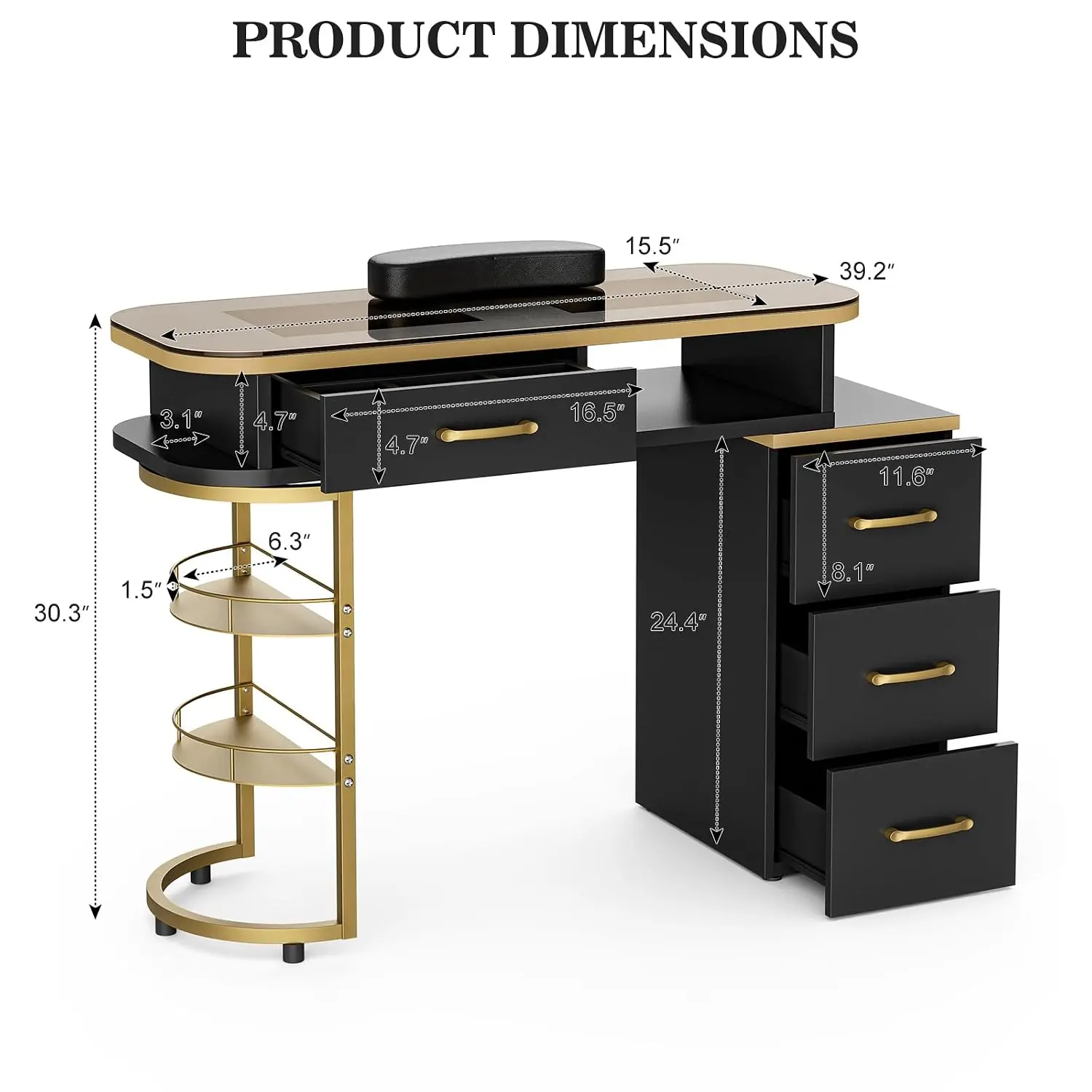 Manicure Table for Nail Tech, Glass Top Nail Desk Station w/4 Drawers & 2-Tier Storage Shelves, Salon Beauty, Customized