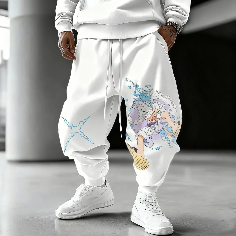 Pantalones de chándal con estampado de animación de Luffy de una pieza, pantalones informales blancos sueltos de punto de algodón puro para otoño/invierno, nuevos para hombres y mujeres