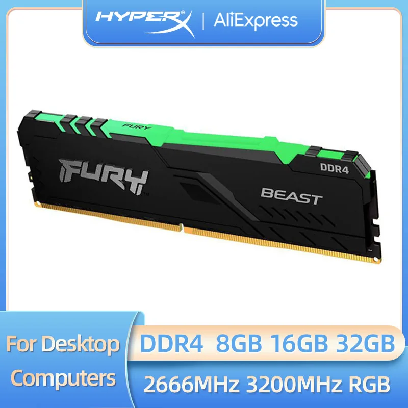 Mémoire HyperX FURY RGB DDR4 pour ordinateur de bureau, 2666MHz, 3200MHz, 3600MHz, DDR4 DIMM XMP, 8 Go, 16 Go, 32 Go, 288 broches, 1.2V