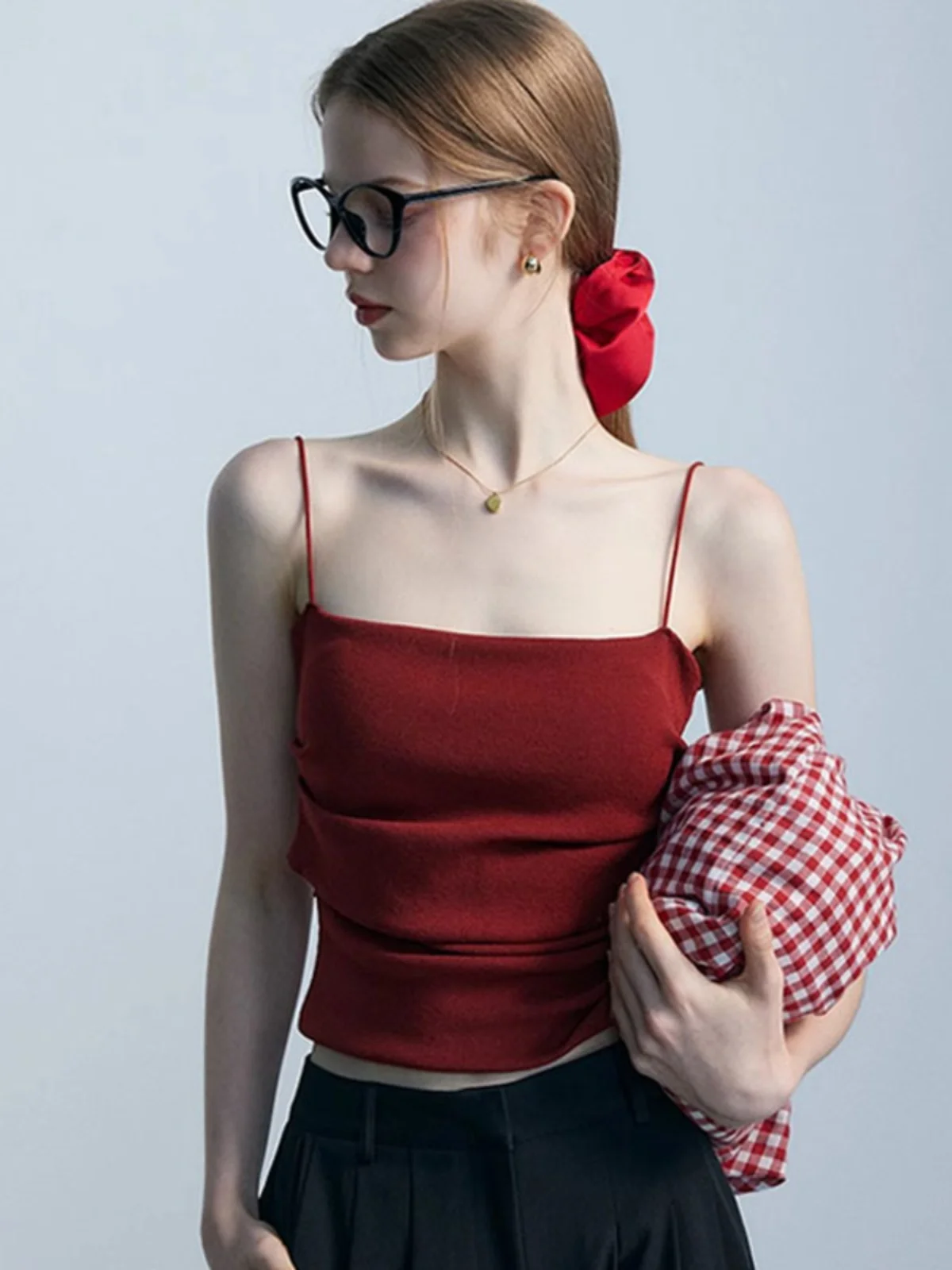 Red Pleated Spicy Girl  Strap Vest Women's Outerwear Inner Match Beautiful Back Bra Integrated Base with Chest Pad Top Su...