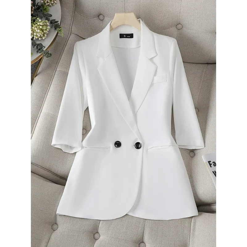 Women Suit Office Ladies Blazer White Green Yellow Black Coffee Female Half Sleeve Solid Formal Jacket Coat Spring Summer Outfit