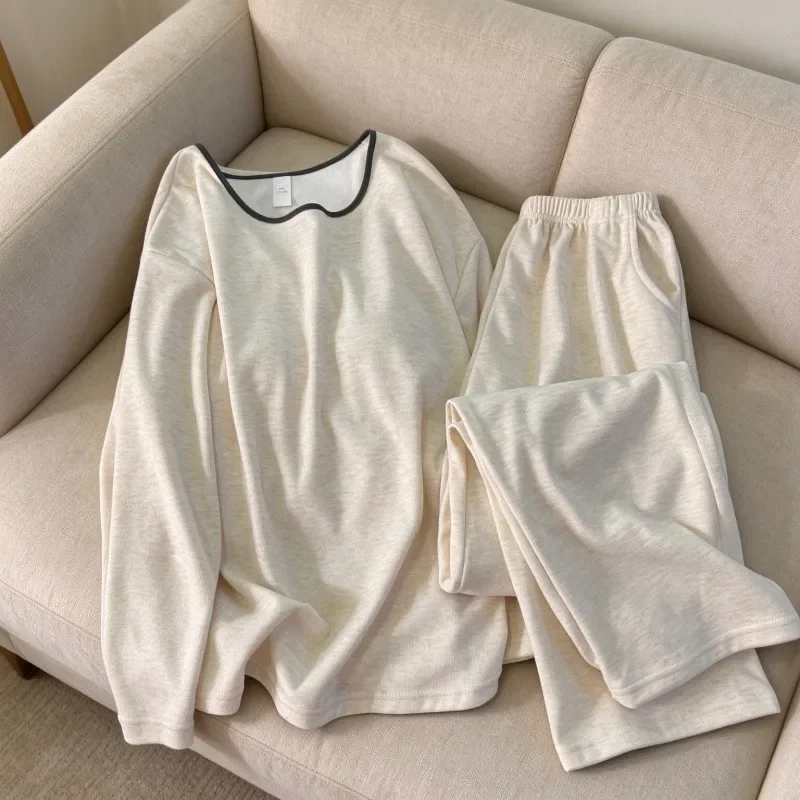 Autumn Winter Soft Women Sleepwear Solid Casual Crew Neck Korean Style Women Pajamas 2 Piece Set Pajamas for Women Long Sleeve