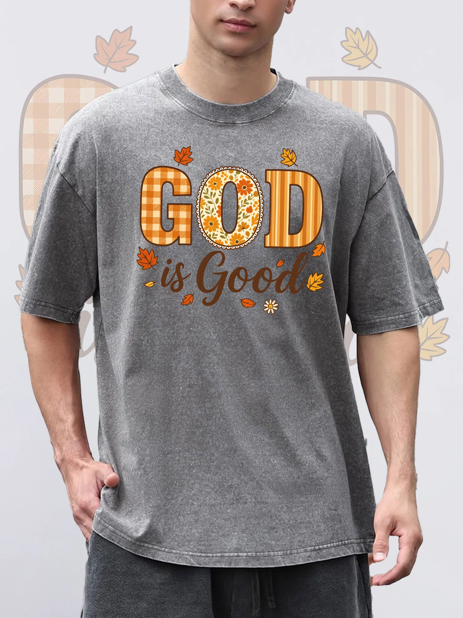 

Men's T-ShirtsGOD Printed Grey Short-Sleeved Round Neck Loose Summer 100% Pure Cotton Acid Wash Suitable For Thanksgiving