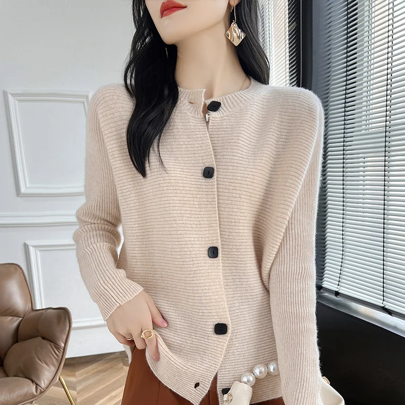 Autumn and winter new sweater women\'s clothing 100% wool top round neck knitted cardigan casual long sleeved top shirt