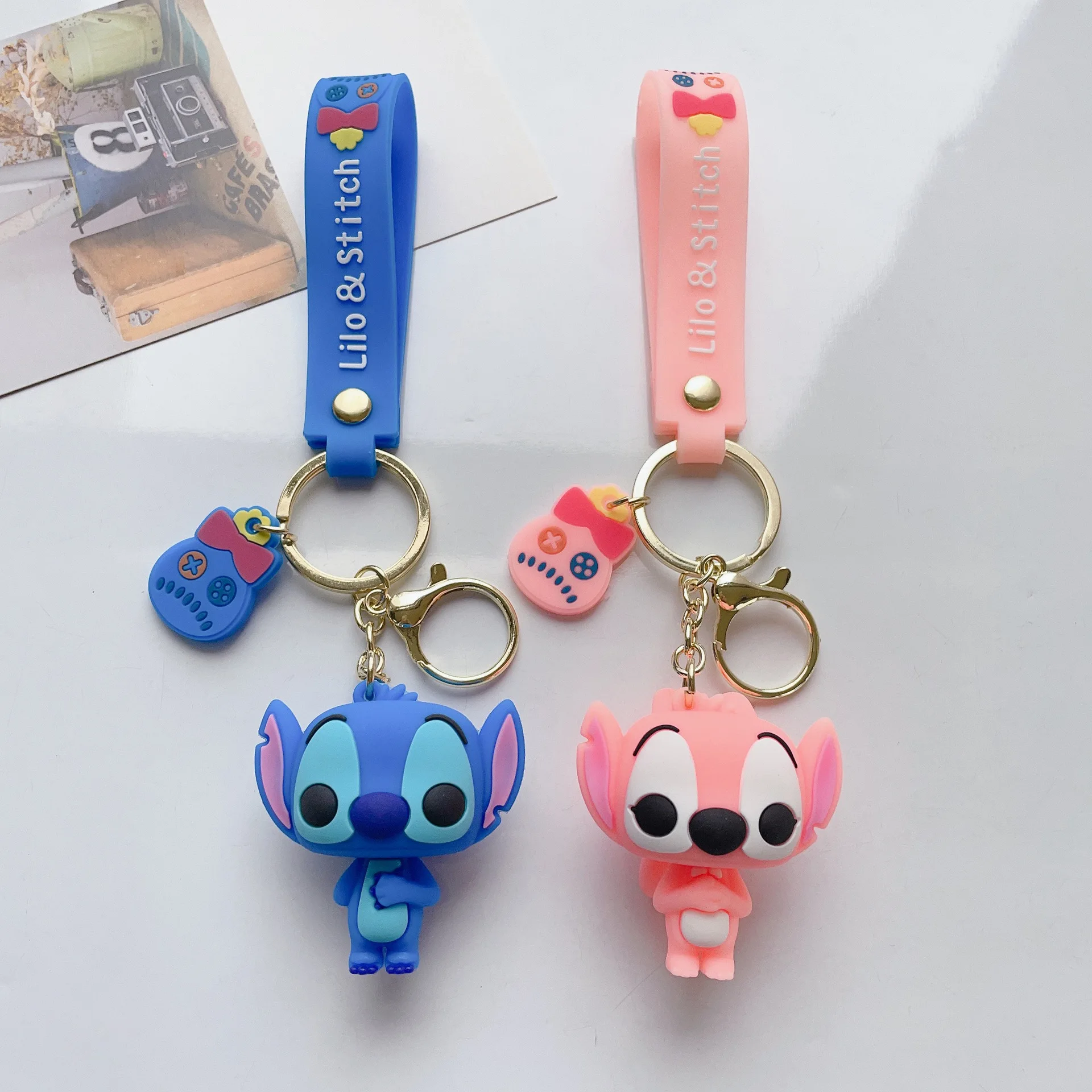 Disney Anime Stitch Keychain Cute Lilo & Stitch Doll Pendant Keyring Pink Angel Keychians Women Car Key Chain Girl Birthday Gift