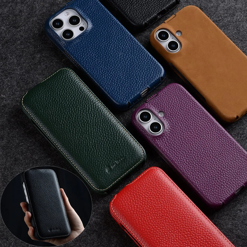 

Retro Solid Color Genuine Leather Vertical Flip Cover for iPhone Air 17 Pro Max 16 Plus 16e with Back Supports Wireless Charging