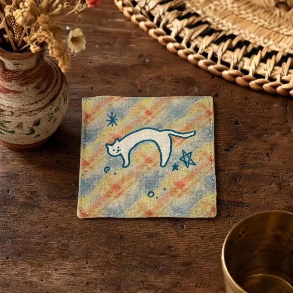 Color Blocking Kitten Fabric Handmade Coaster Heat Insulation Pad Heat Resistant Desktop Decoration Pad for Home