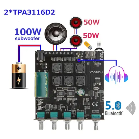 2*50W+100W Bluetooth 5.0 Power Amplifier TPA3116D2 Board Subwoofer 2.0/2.1 Class D Home Theater Audio Stereo Equalizer USB Amp
